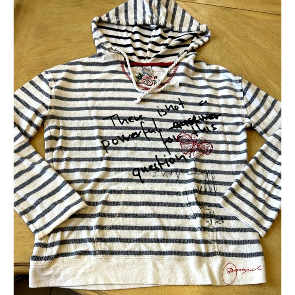 Desigual Graffiti Hoodie Sweater Stripe Butterfly Nautical Beach Boho Artsy RARE